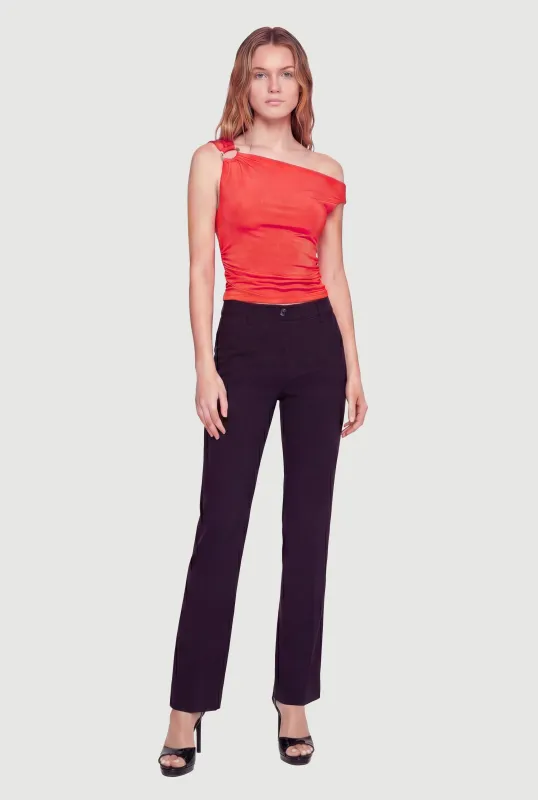 Asymmetric Metallic Ring Detail Side Ruched Blouse made by iris