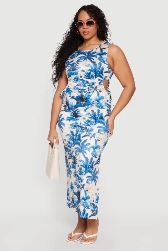 Plus Size Tropical Print Side Slit Maxi Dress made by Rainbow