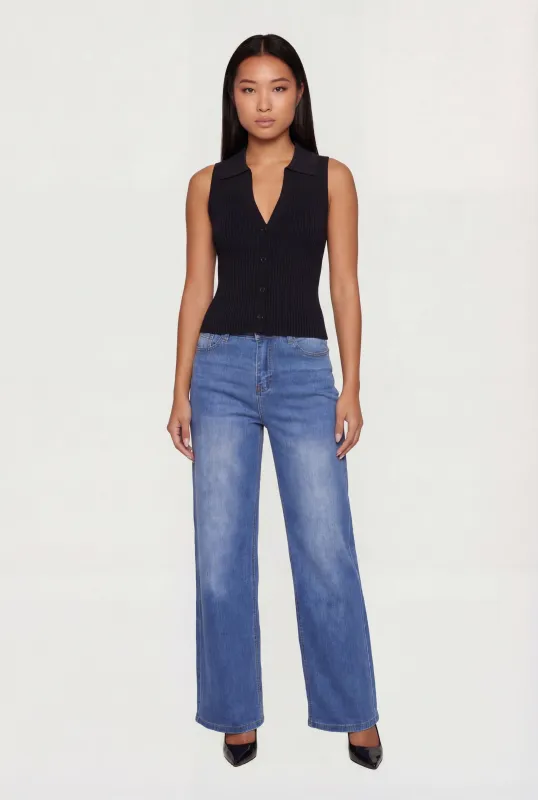 Rib Knit Button Front Collared Blouse sold by Rainbow