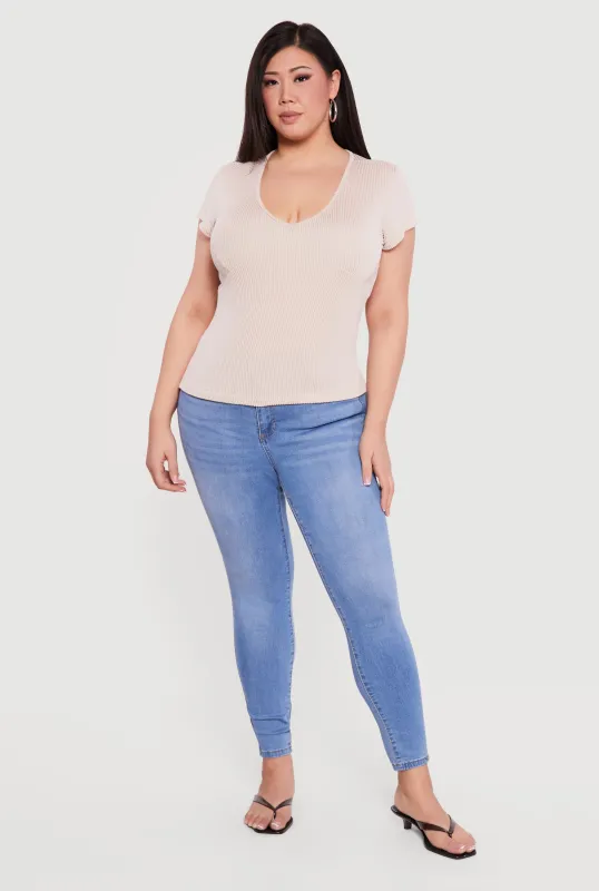 Plus Size Ribbed Knit V Neck Tee made by Rainbow