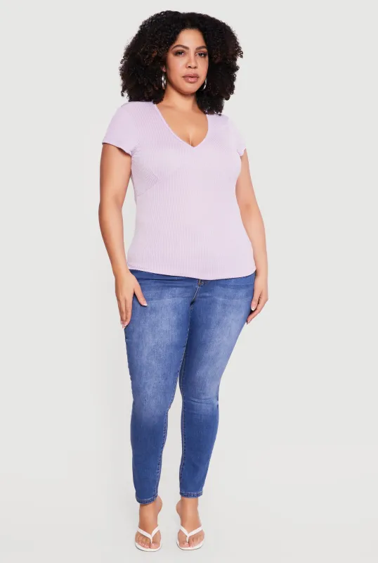 Plus Size Ribbed Knit V Neck Tee sold by Rainbow