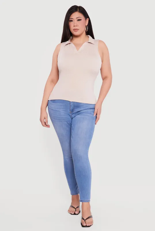 Plus Size Ribbed Knit Sleeveless Polo Top sold by Rainbow