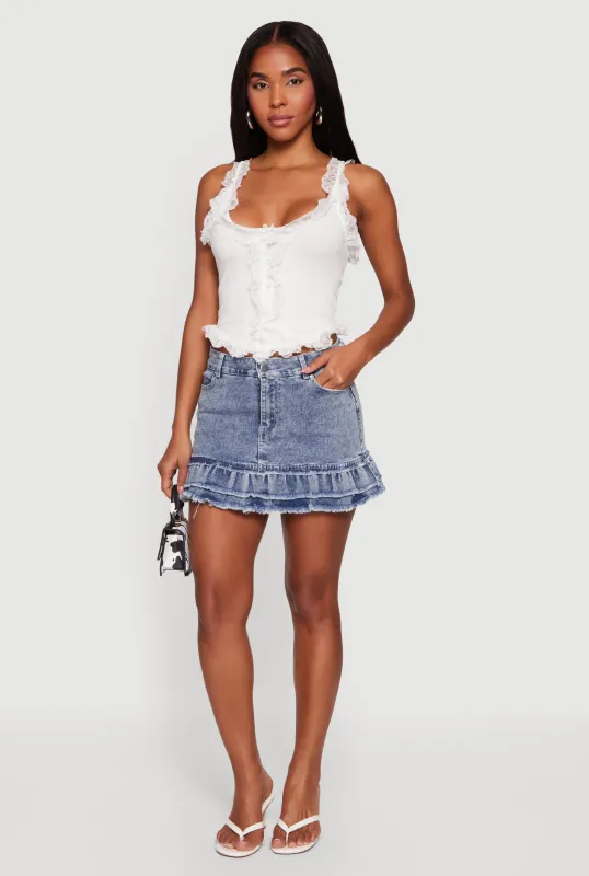 Acid Wash Denim Frayed Ruffle Hem Mini Skirt made by Rainbow