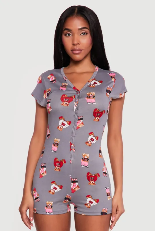 Bear Patterned Button Front Pajama Romper sold by Rainbow