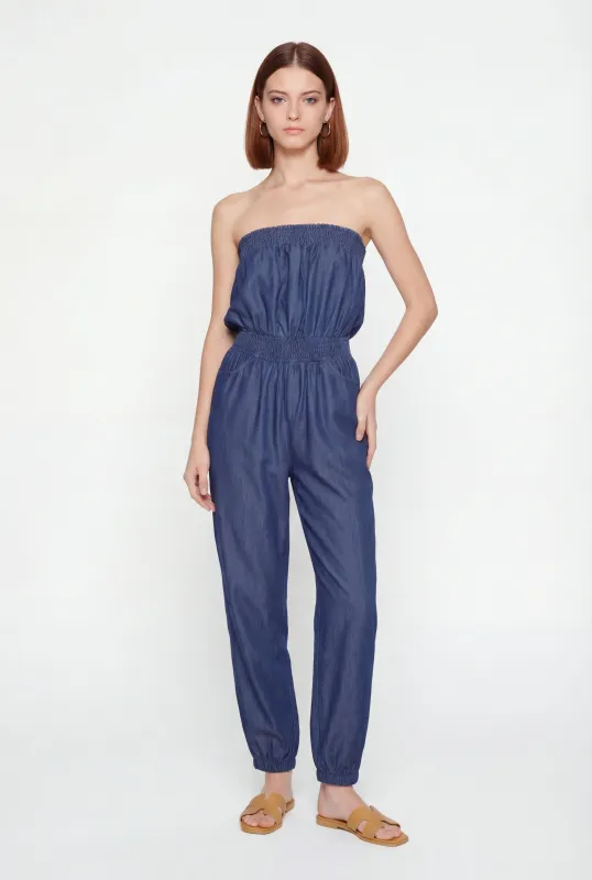 Smocked Detail Strapless Denim Jumpsuit sold by Rainbow