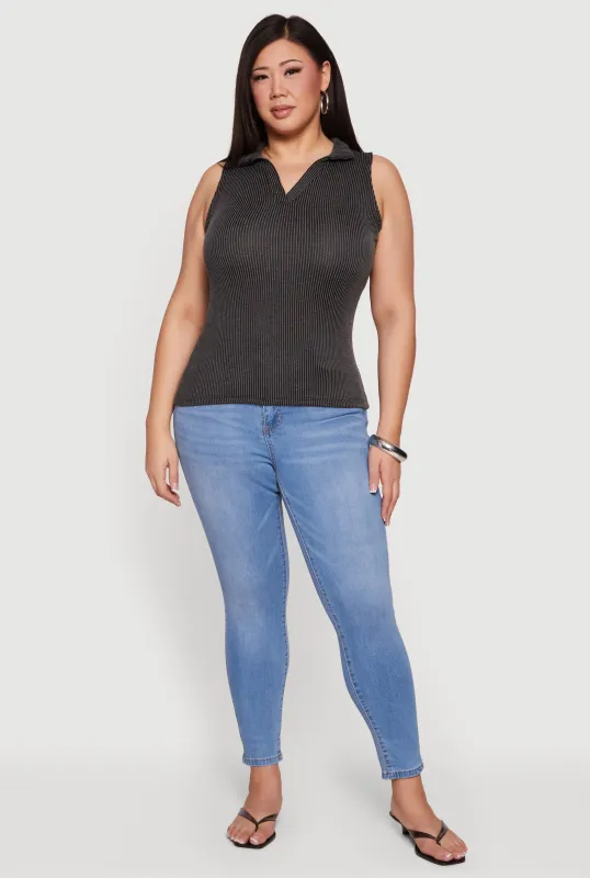 Plus Size Ribbed Knit Sleeveless Polo Top sold by Rainbow