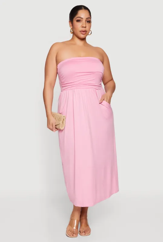 Plus Size Soft Knit Ruched Tube Dress with Pockets sold by Rainbow