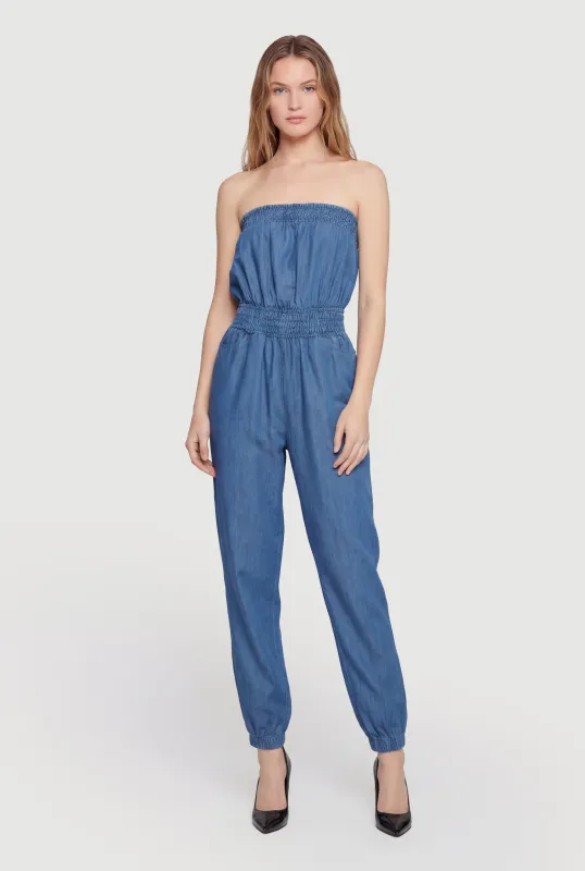 Smocked Detail Strapless Denim Jumpsuit sold by Rainbow