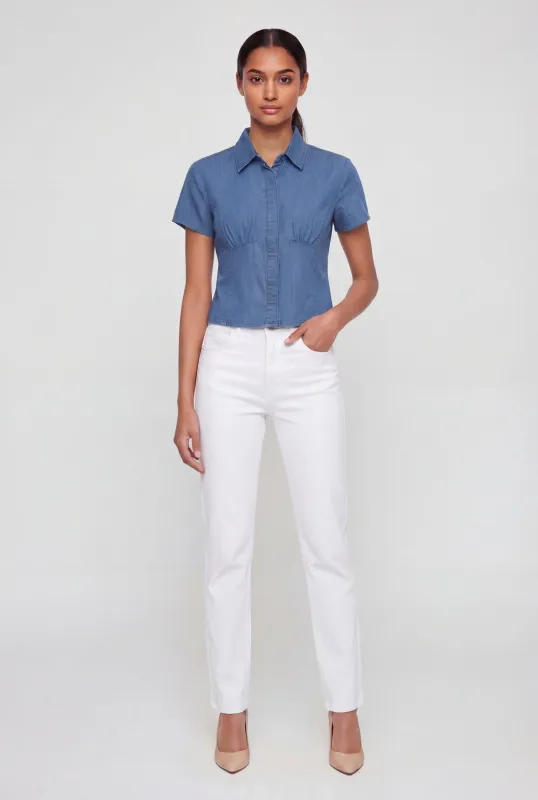 Denim Button Front Short Sleeve Top made by Rainbow