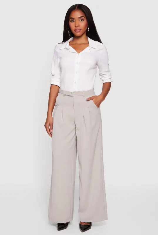 Crepe Knit Belted Front Wide Leg Dress Pants sold by Rainbow
