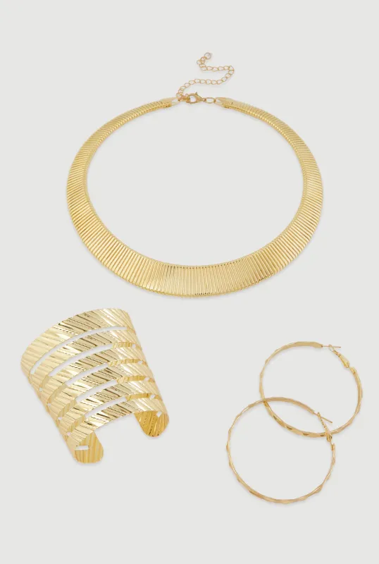 Ribbed Choker Necklace with Bangle and Hoop Earrings Set sold by Rainbow