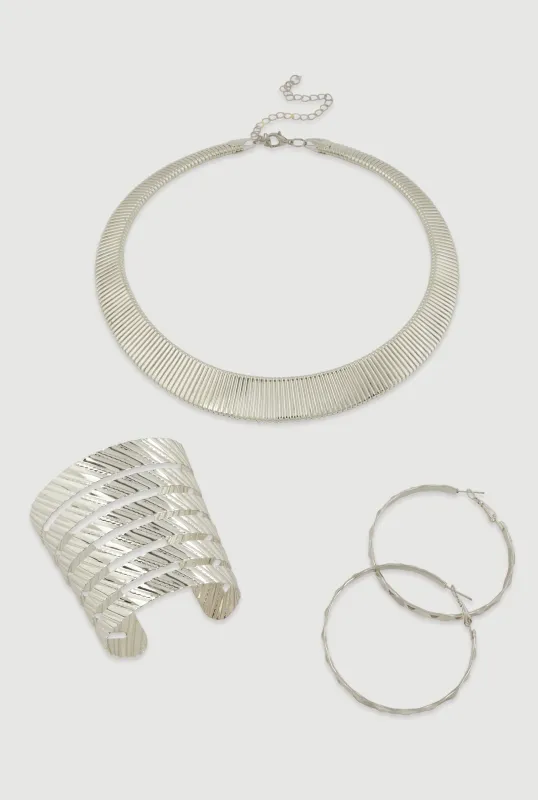 Ribbed Choker Necklace with Bangle and Hoop Earrings Set sold by Rainbow