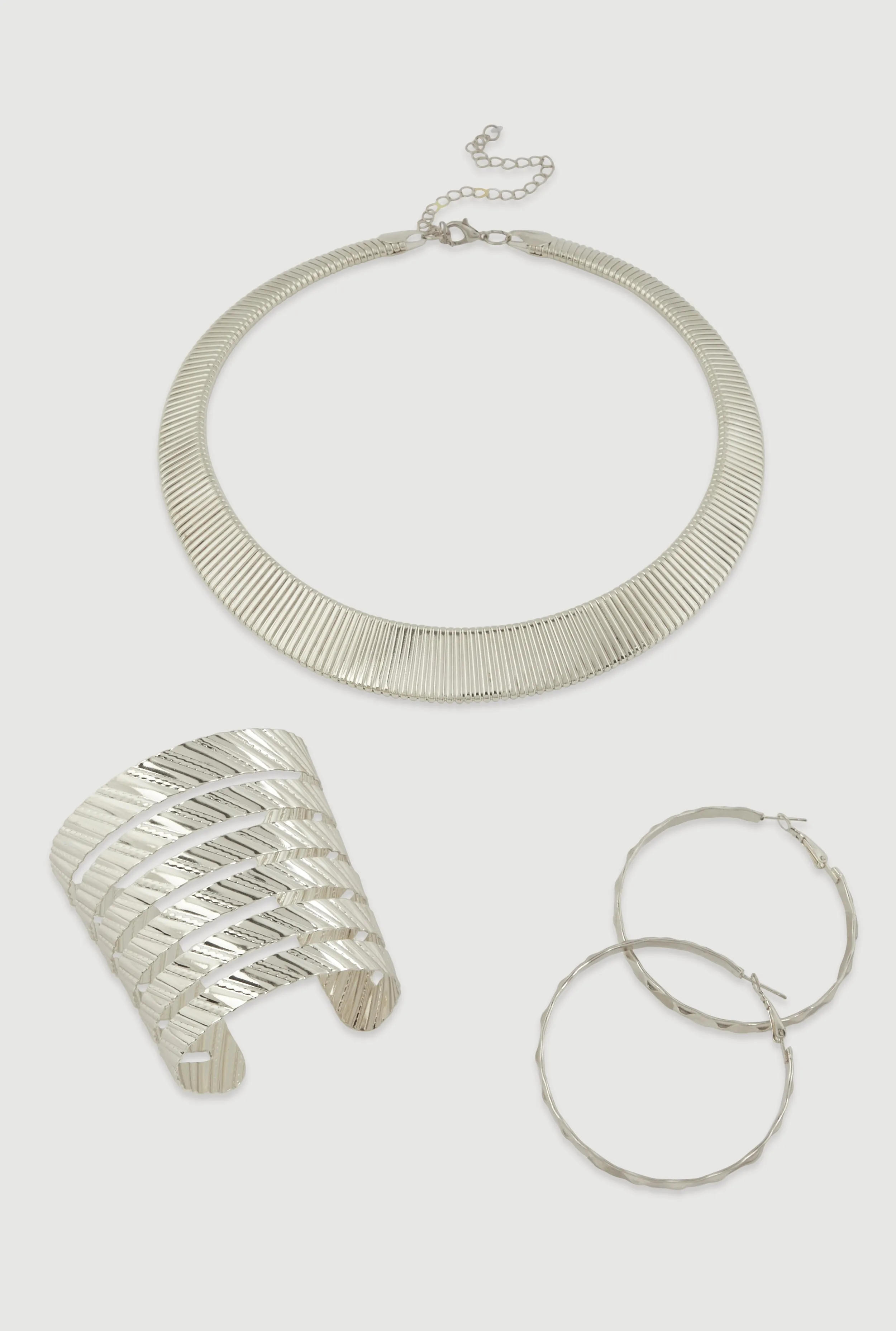 Ribbed Choker Necklace with Bangle and Hoop Earrings Set sold by Rainbow