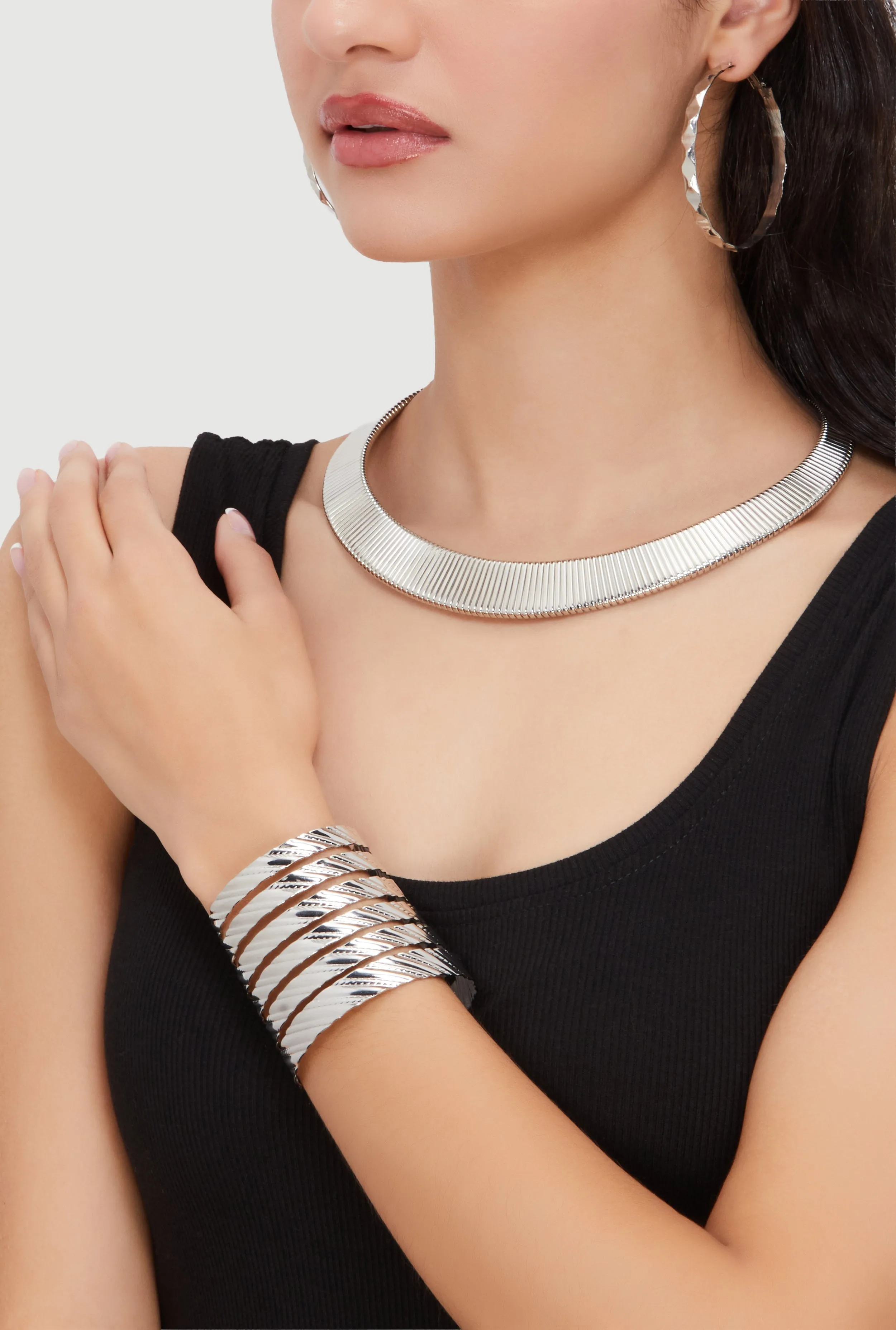 Ribbed Choker Necklace with Bangle and Hoop Earrings Set sold by Rainbow product image thumbnail 2