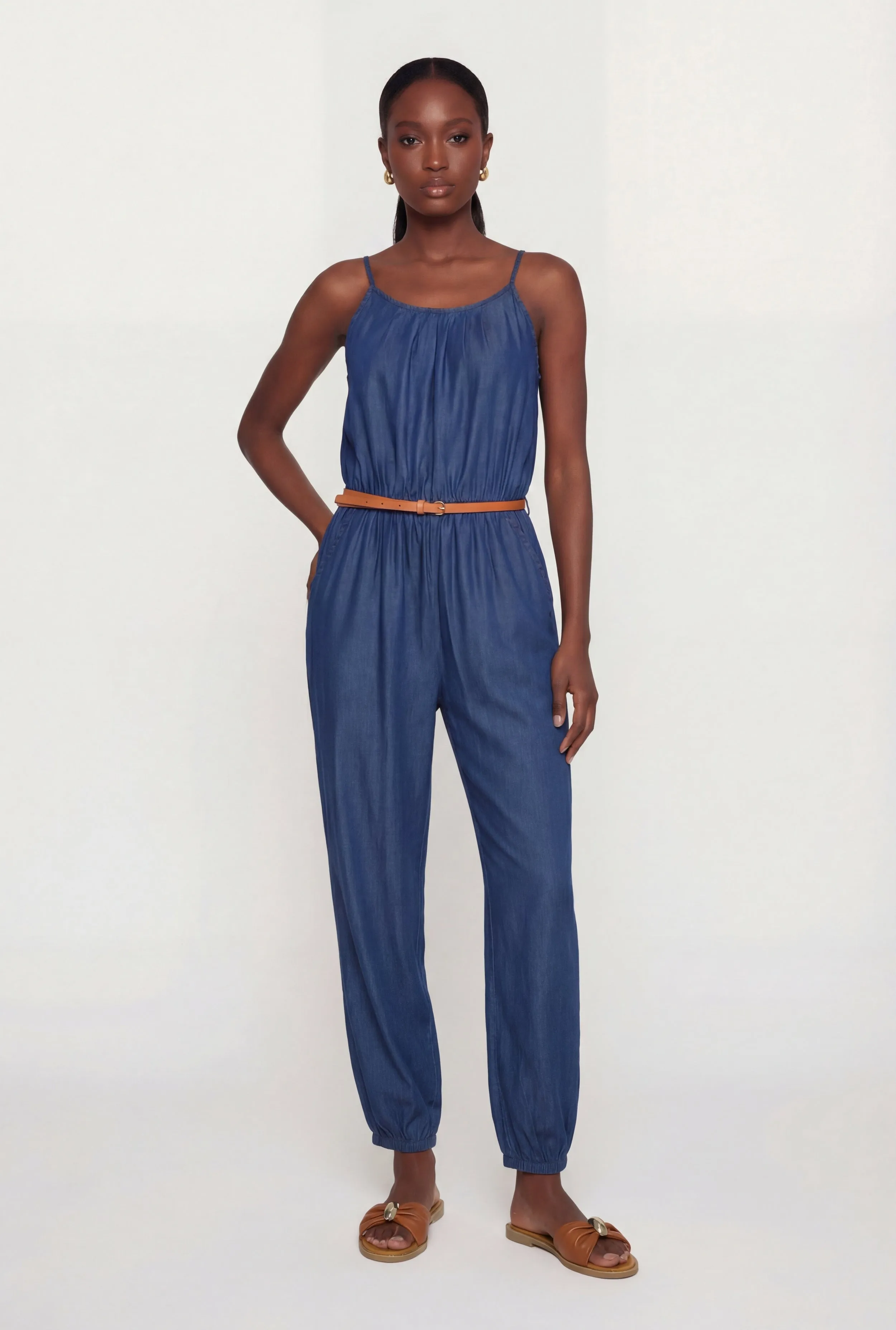 Denim Keyhole Back Jumpsuit with Belt sold by Rainbow