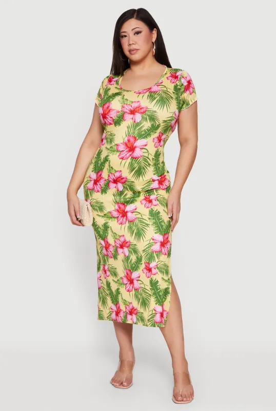 Plus Size Floral Print Side Slit Midi Dress sold by Rainbow