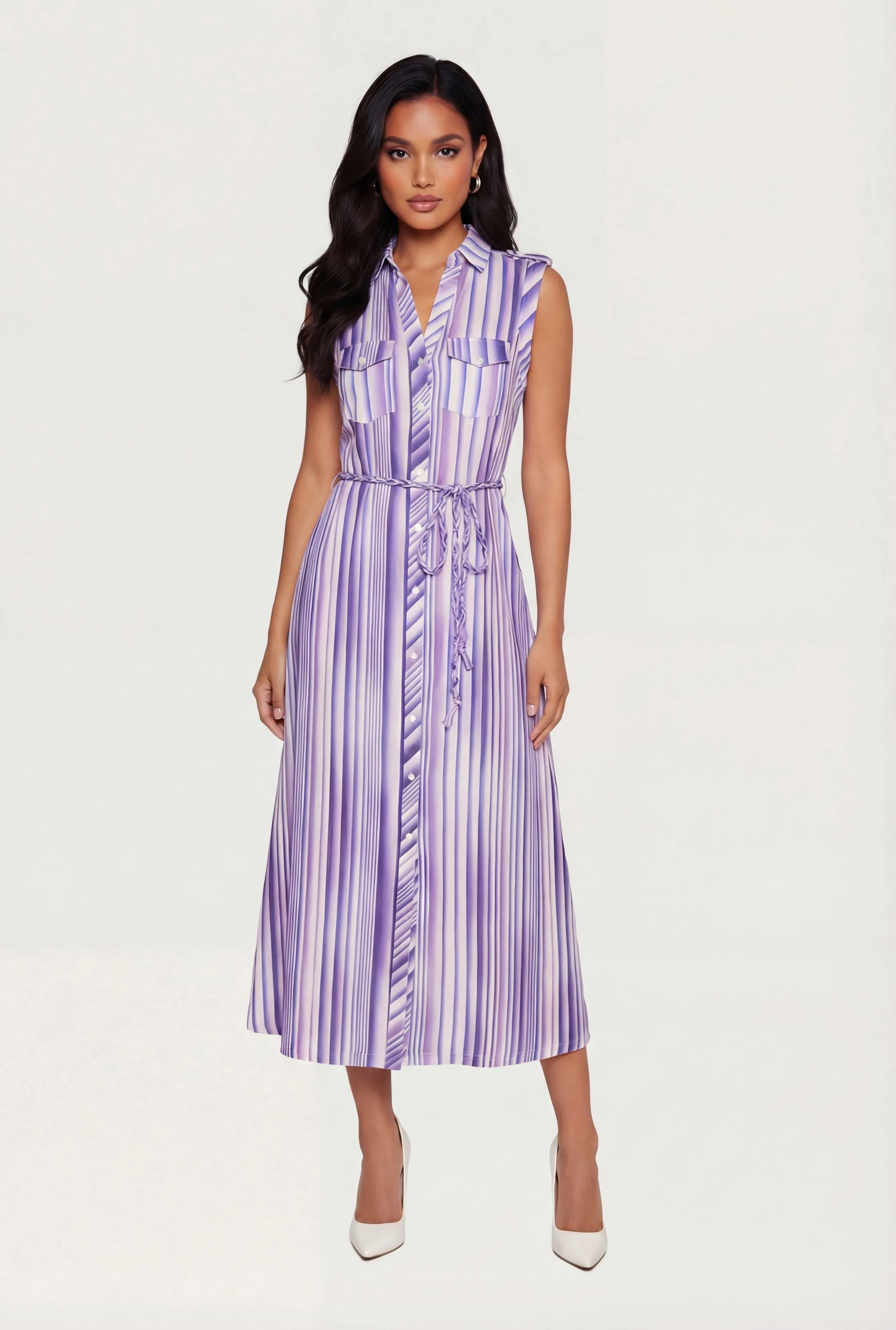 Striped Ombre Button Front Shirt Dress with Tie Waist Belt sold by Rainbow product image thumbnail 2