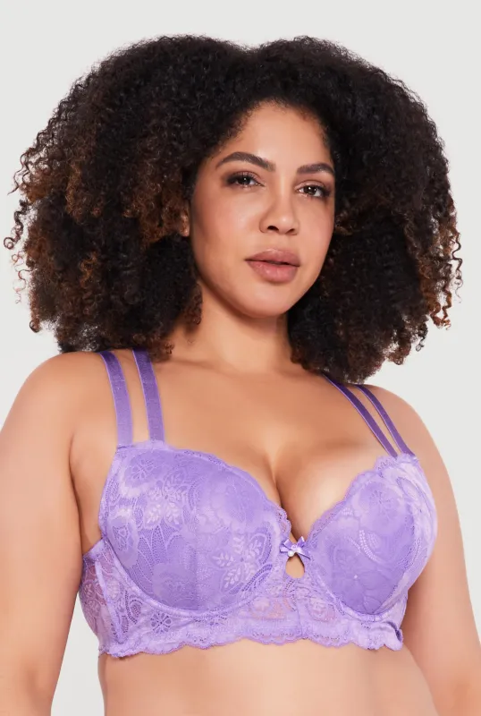 Plus Size Double Strap Keyhole Detail Lace Plunge Bra made by Rainbow