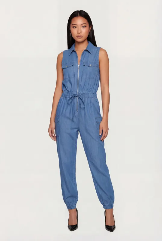 Sleeveless Zip Front Denim Jumpsuit with Cargo Pockets sold by Rainbow