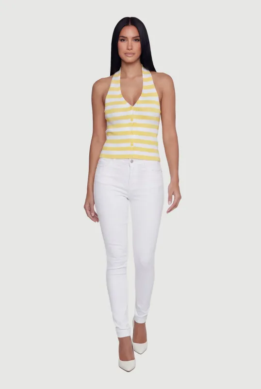 Ribbed Knit Striped Button Front Halter Top sold by Rainbow