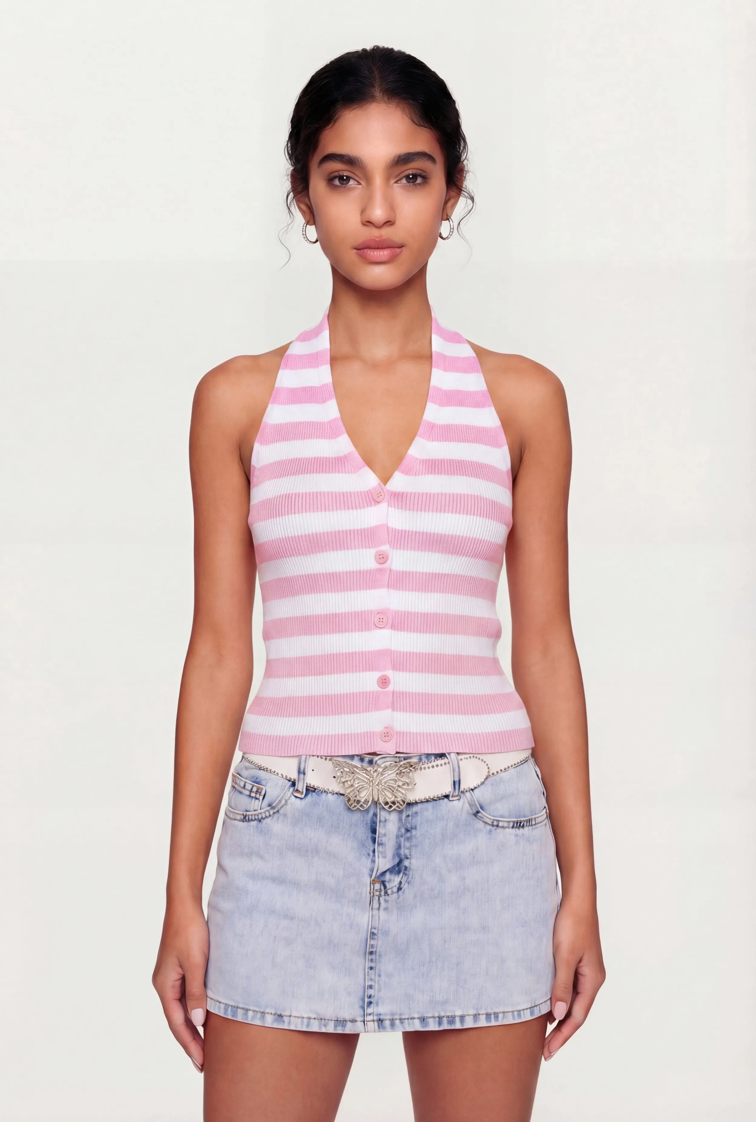 Ribbed Knit Striped Button Front Halter Top sold by Rainbow product image thumbnail 3