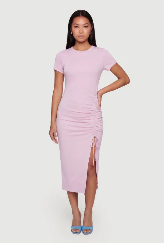 Solid Ruched Drawstring Side Slit Midi Dress sold by Rainbow