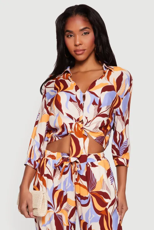 Abstract Floral Cropped Tie Front Shirt sold by Rainbow