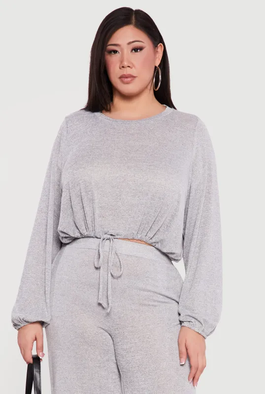 Plus Size Drawstring Hem Long Sleeve Crop Top sold by Rainbow