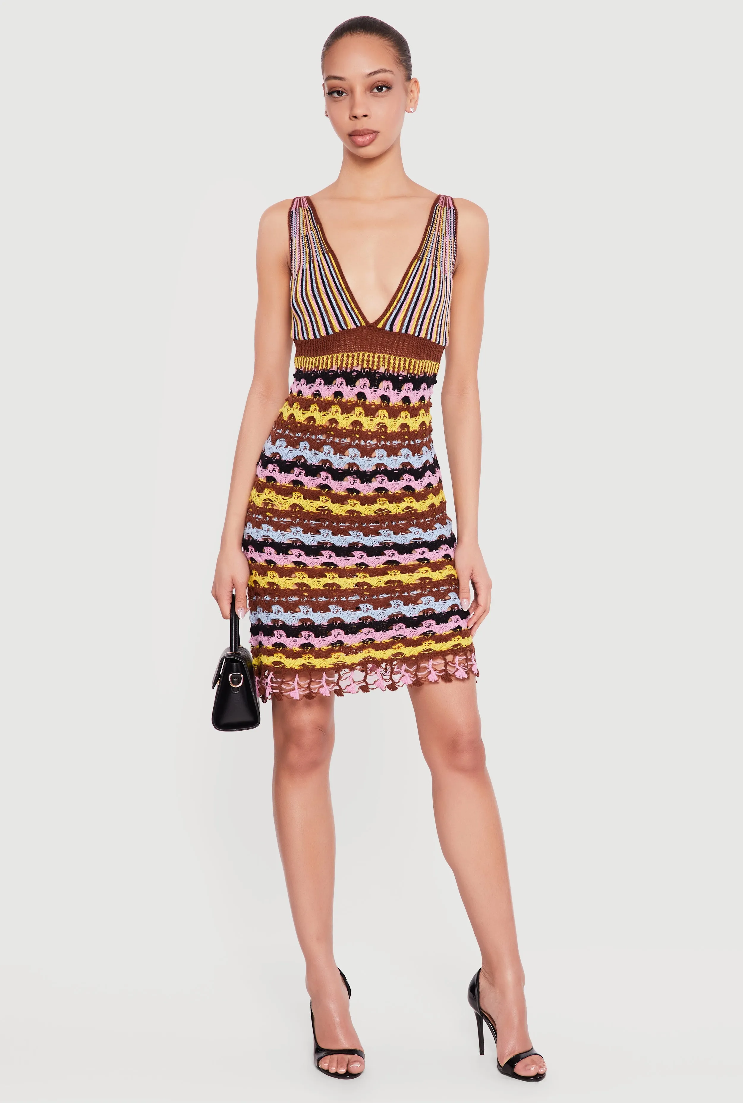 Striped Plunge Mini Crochet Dress sold by Rainbow