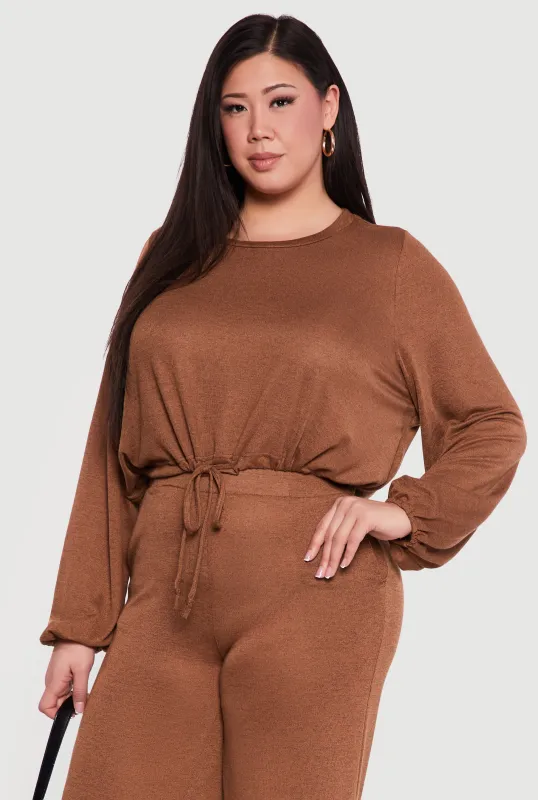 Plus Size Drawstring Hem Long Sleeve Crop Top sold by Rainbow