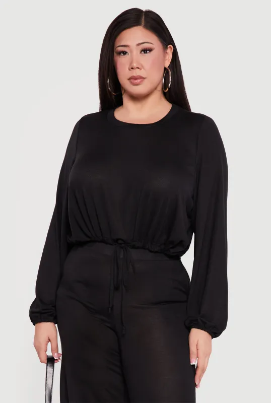 Plus Size Drawstring Hem Long Sleeve Crop Top sold by Rainbow