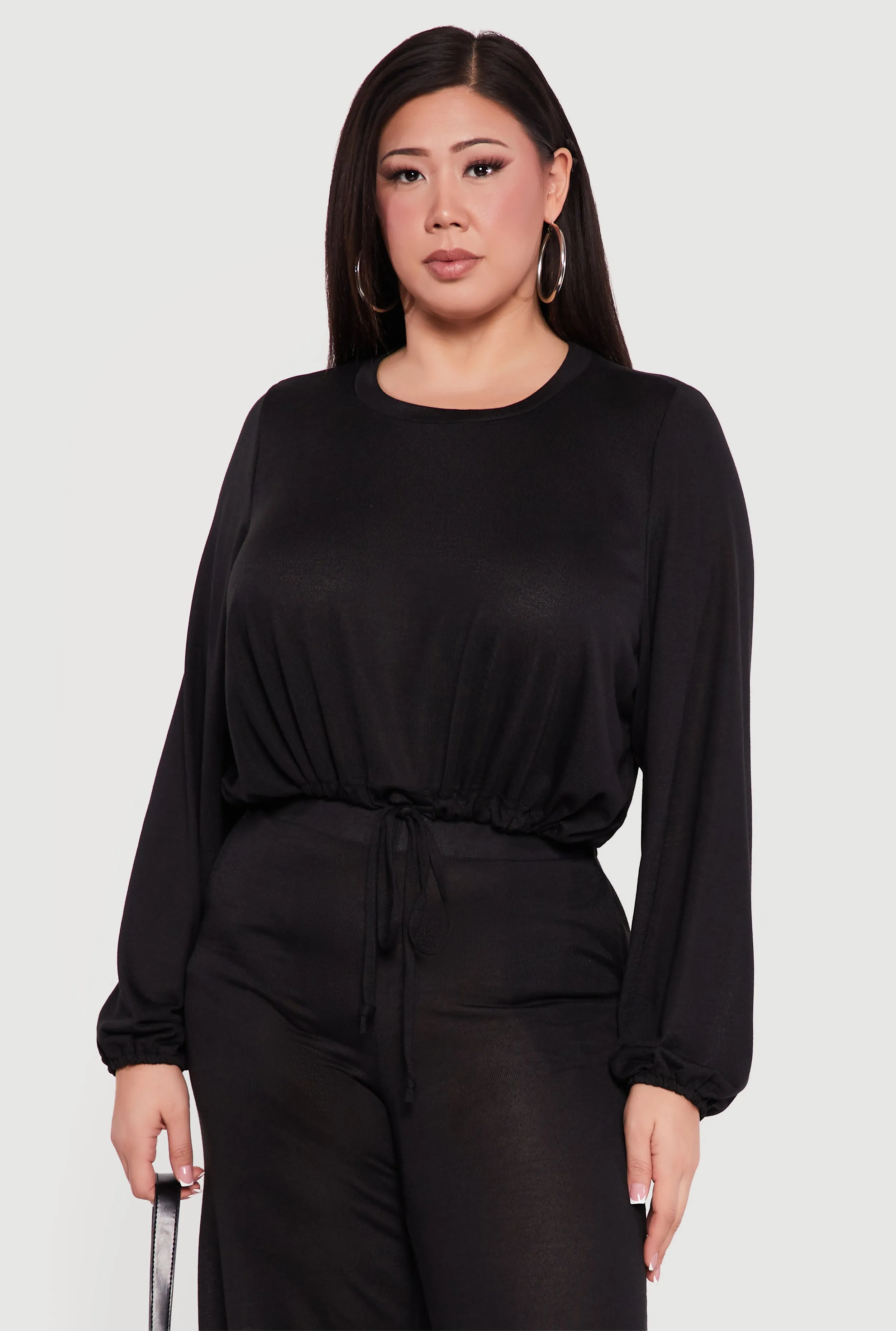 Plus Size Drawstring Hem Long Sleeve Crop Top sold by Rainbow