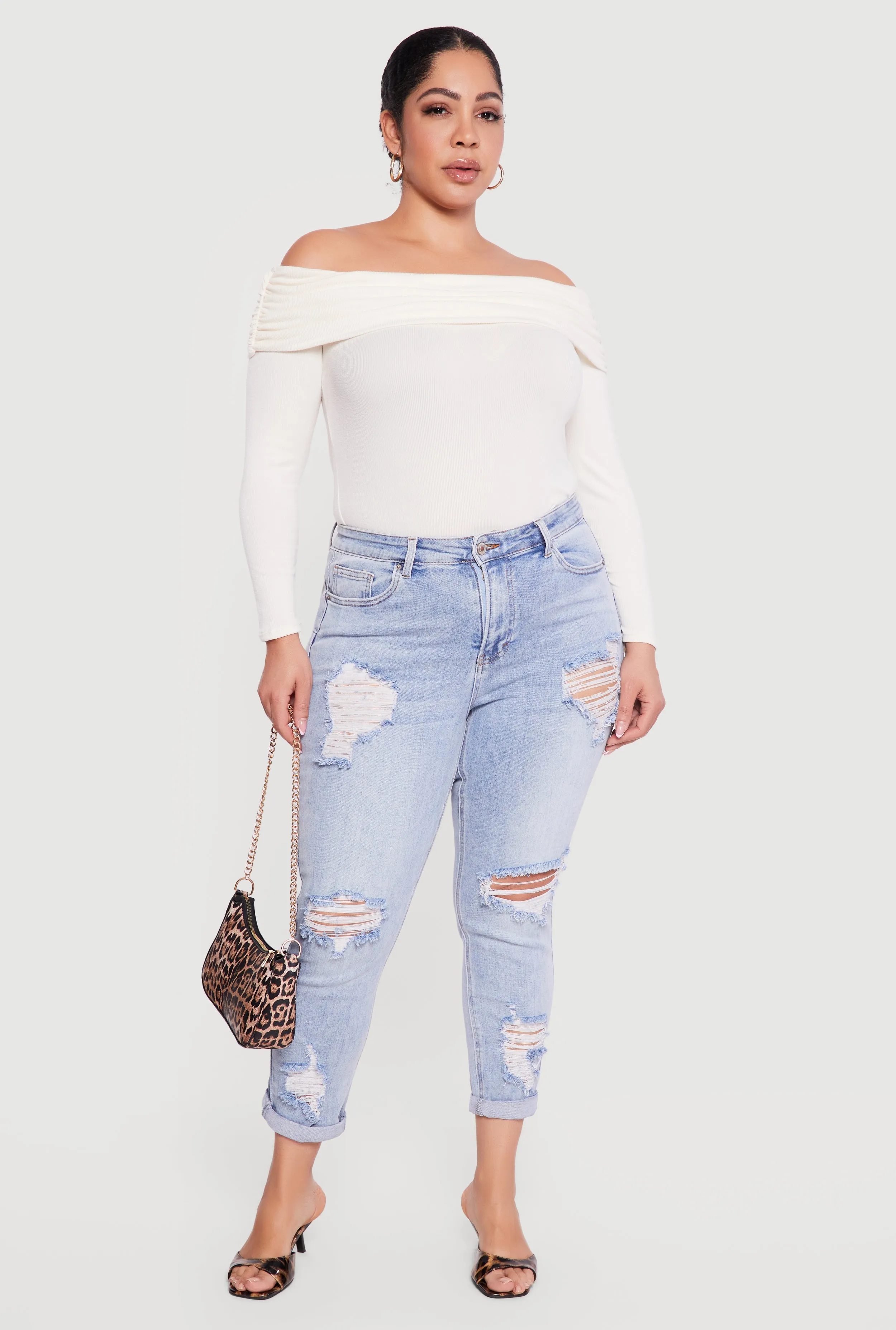 Plus Size WAX Rolled Cuff Distressed Jeans sold by Rainbow