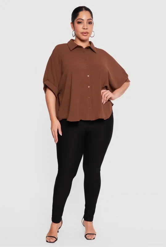 Plus Size Crepe Knit Button Front Shirt sold by Rainbow