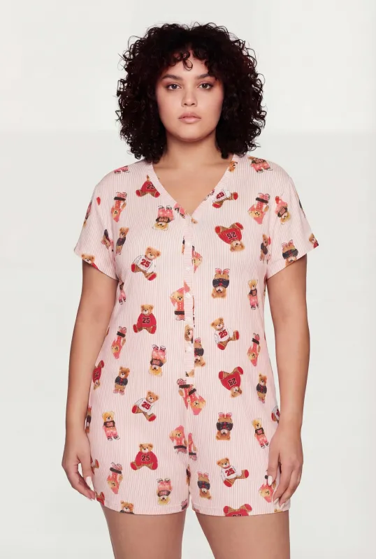 Plus Size Cute Striped Bear Print Pajama Romper sold by Rainbow