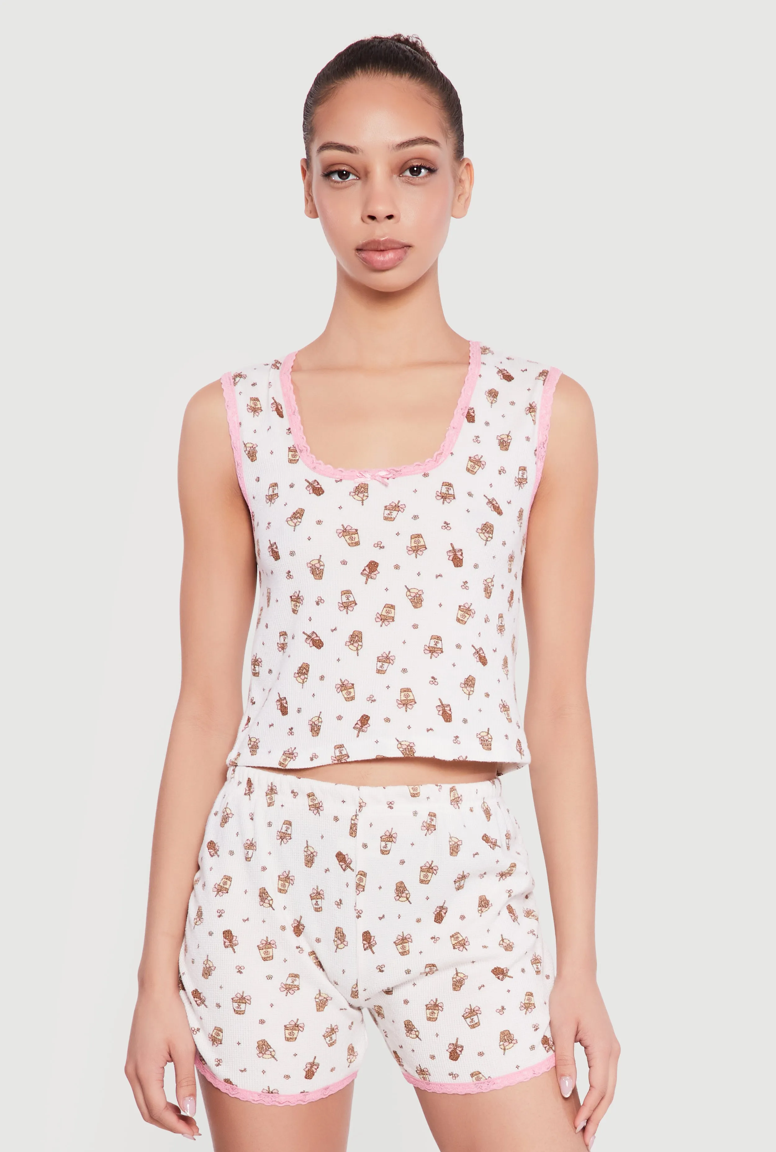 Coffee Print Waffle Knit Pajama Top and Shorts Set sold by Rainbow