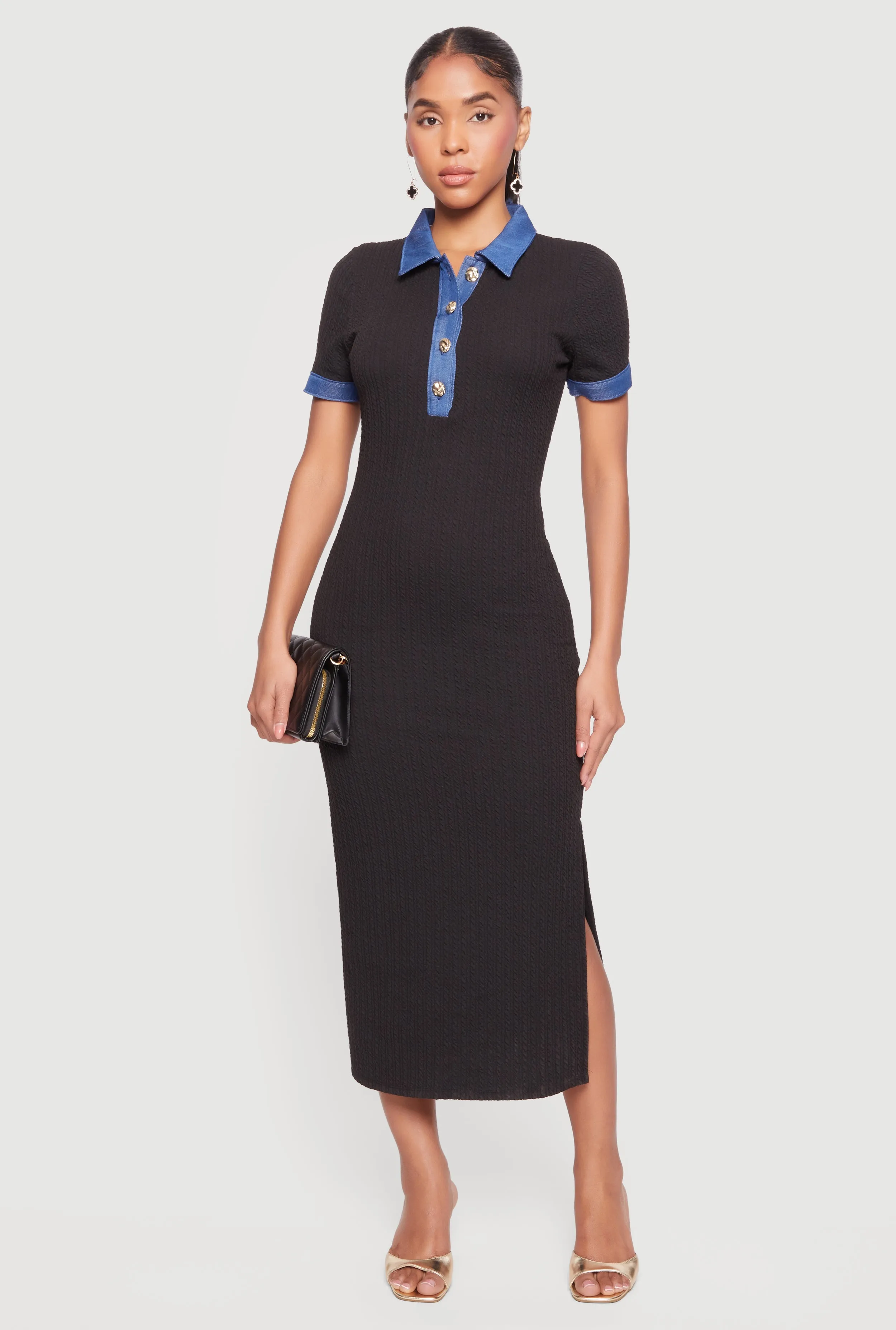 Denim Trim Polo Dress with Side Slit sold by Rainbow