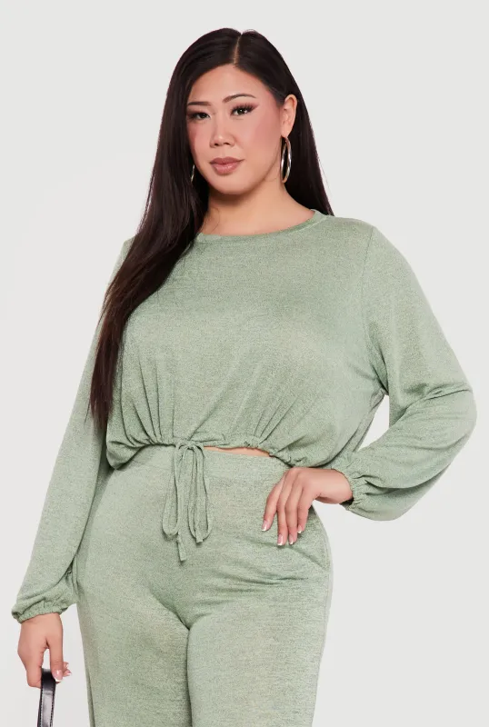 Plus Size Drawstring Hem Long Sleeve Crop Top sold by Rainbow