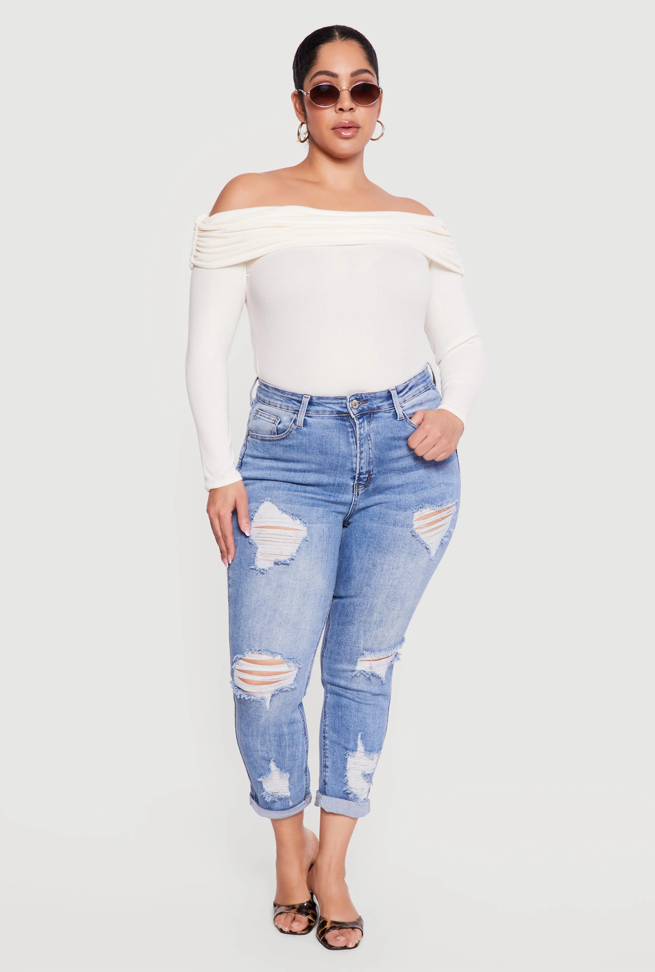 Plus Size WAX Rolled Cuff Distressed Jeans sold by Rainbow