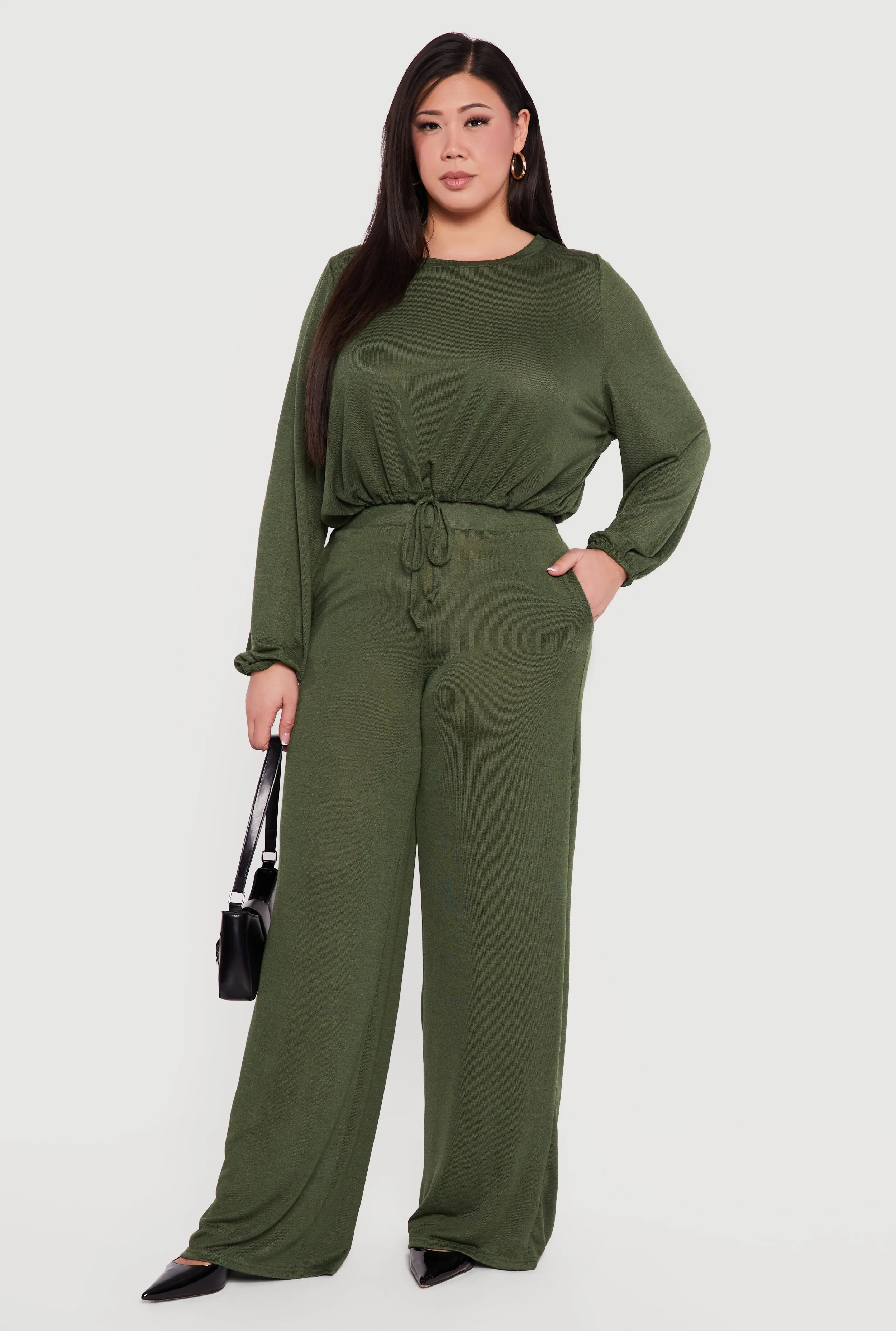 Plus Size High Waisted Wide Leg Brushed Knit Pants sold by Rainbow