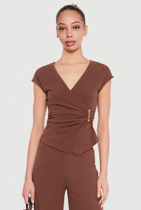 Cap Sleeve Faux Wrap Top with Metallic Pendant sold by Rainbow