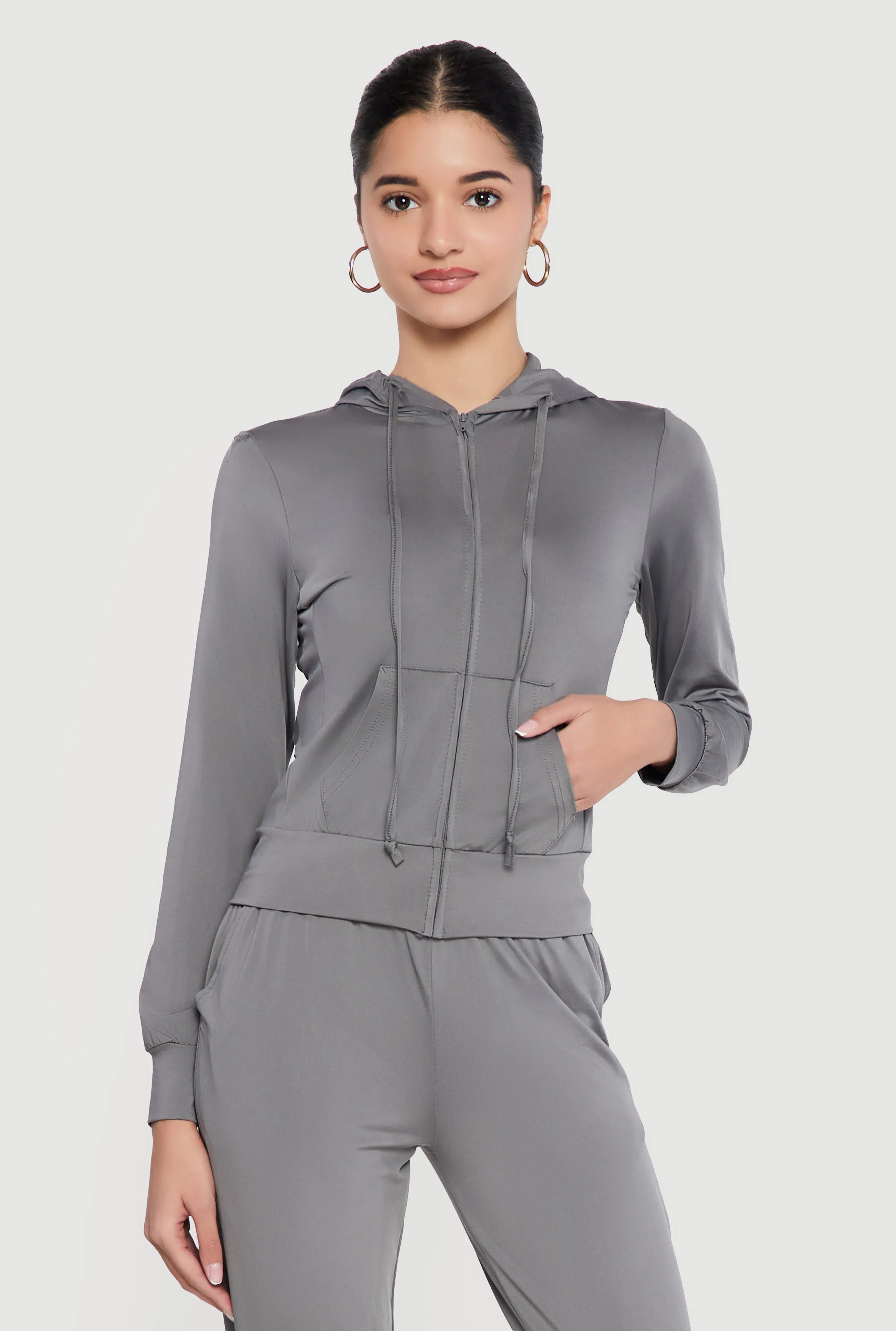 Zip Front Drawstring Hooded Track Jacket sold by Rainbow