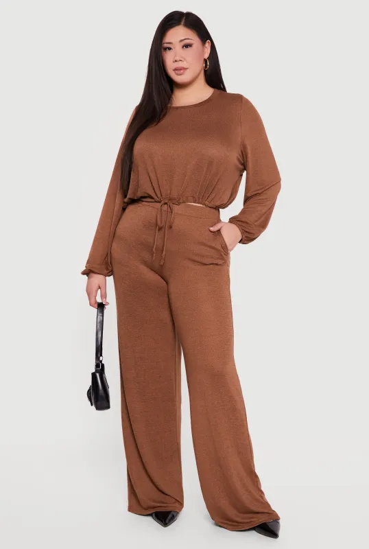 Plus Size High Waisted Wide Leg Brushed Knit Pants sold by Rainbow