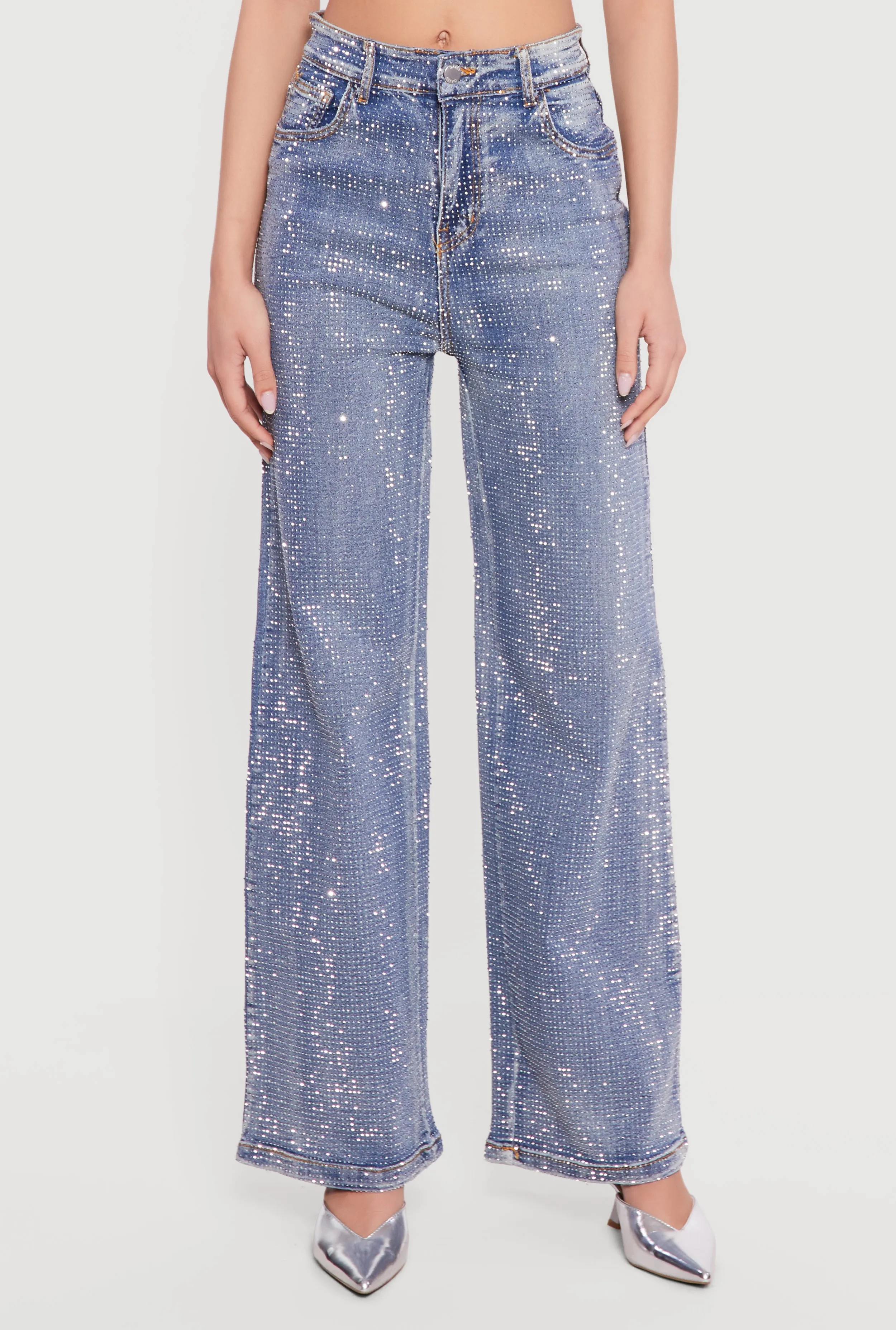 Rhinestone Studded High Waisted Straight Leg Jeans sold by Rainbow product image thumbnail 3