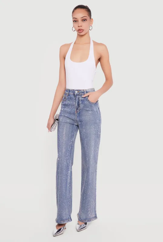 Rhinestone Studded High Waisted Straight Leg Jeans made by Daisy