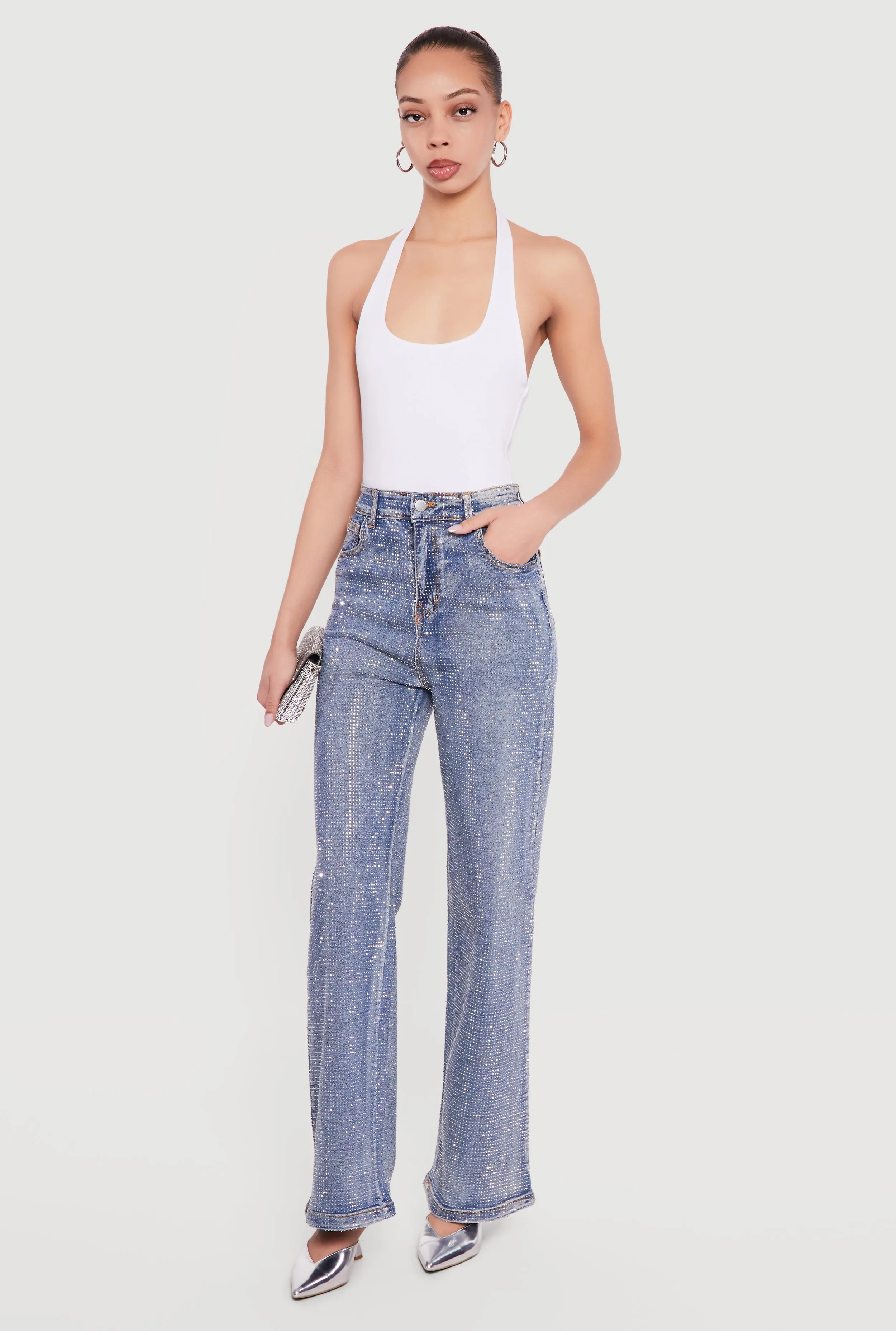 Rhinestone Studded High Waisted Straight Leg Jeans sold by Rainbow