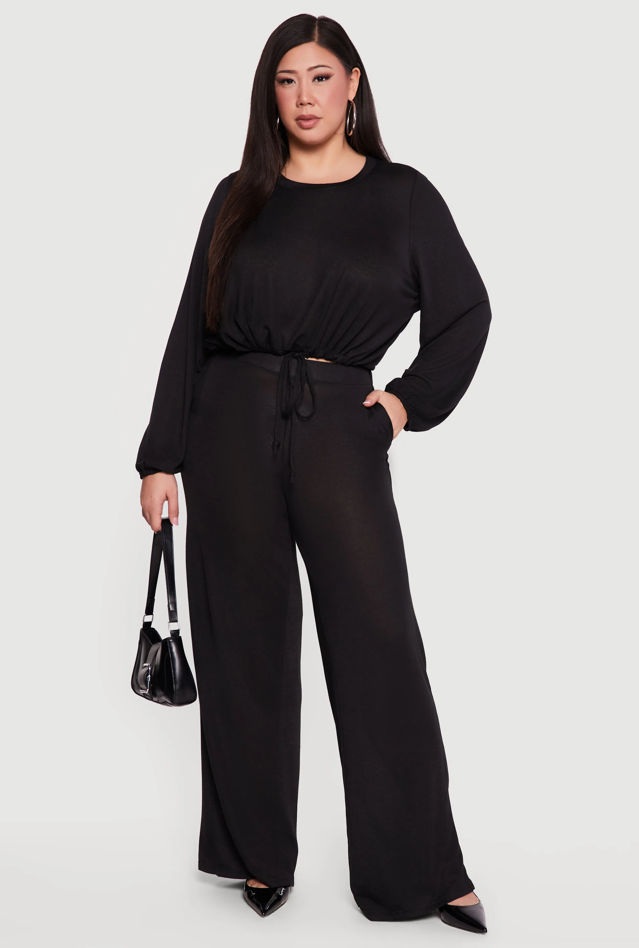 Plus Size High Waisted Wide Leg Brushed Knit Pants sold by Rainbow