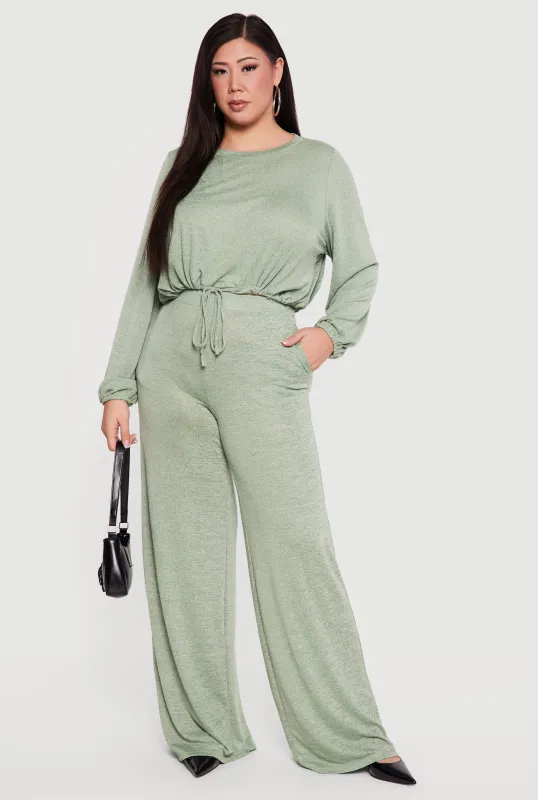 Plus Size High Waisted Wide Leg Brushed Knit Pants made by Daisy