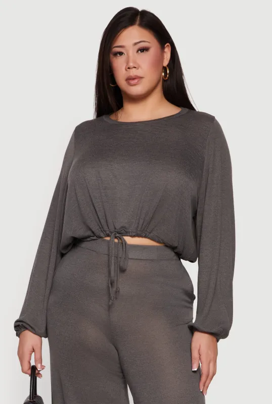 Plus Size Drawstring Hem Long Sleeve Crop Top sold by Rainbow