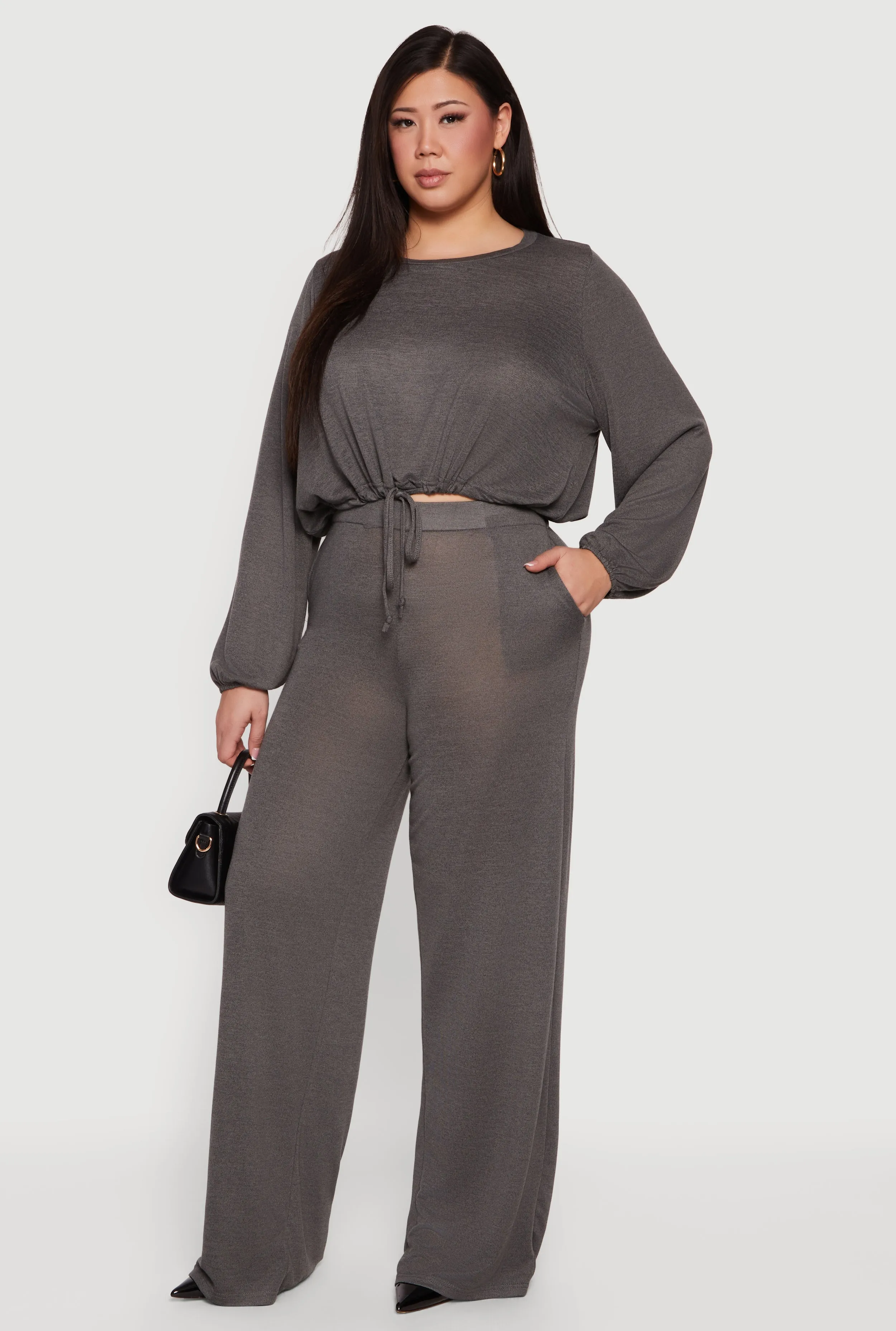 Plus Size High Waisted Wide Leg Brushed Knit Pants sold by Rainbow